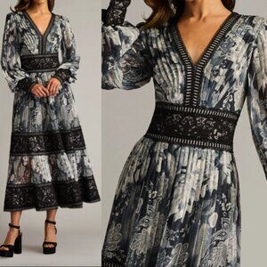 NWT Tadashi Shoji Derby Pleated Chiffon Midi Dress CHP25186MD Ivory Black